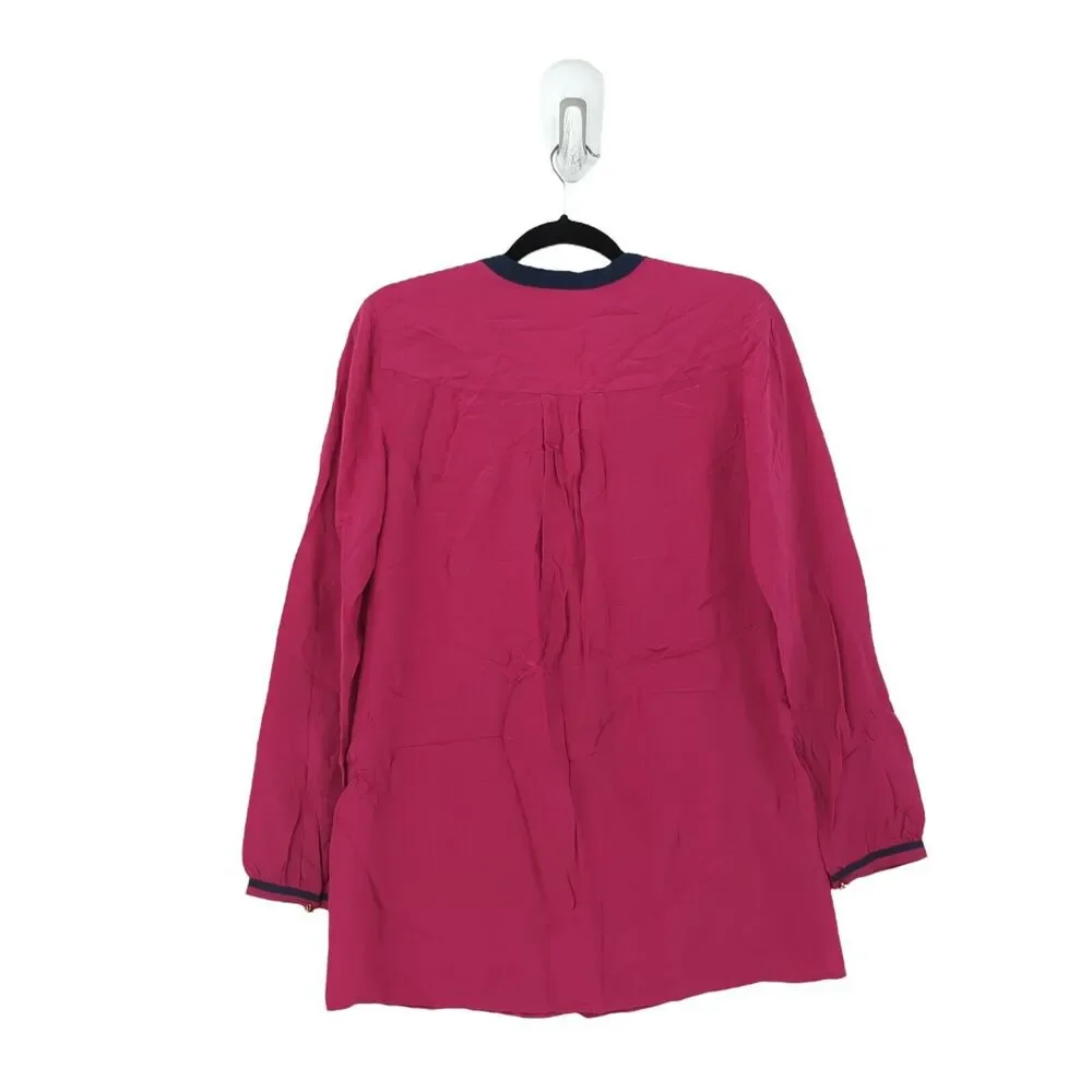 Tory Burch Women 6 Blouse Magenta Pink Contrast Long Sleeve V Neck Silk FLAW